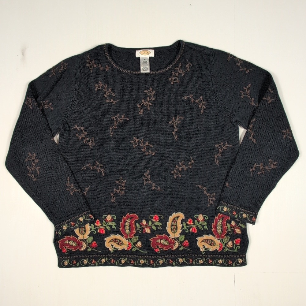 Talbots Womens Sweater M Black Paisley Floral Embroidery Long Sleeve Crew Neck - Picture 3 of 11